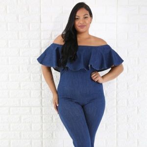 Off The Shoulder Denim Jumpsuit (1X-3X)